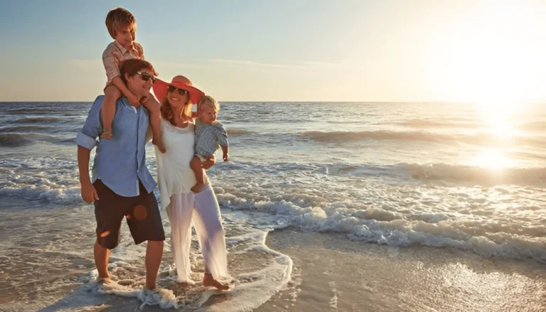 vacances balnéaire et amour, bonheur pour des vacances sur l'île tropicale. Homme, femme et enfants avec soleil sur l'océan pour voyager avec bien-être
