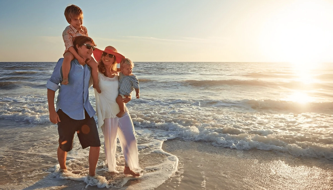 vacances balnéaire et amour, bonheur pour des vacances sur l'île tropicale. Homme, femme et enfants avec soleil sur l'océan pour voyager avec bien-être